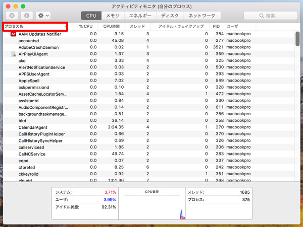 「アクティビティモニタ」の「プロセス名」をクリックして、名前順にソートする