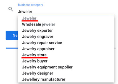 「宝石店」のカテゴリを英語に変更すると「Jewelry store」「Jeweler」の2つのカテゴリが表示される