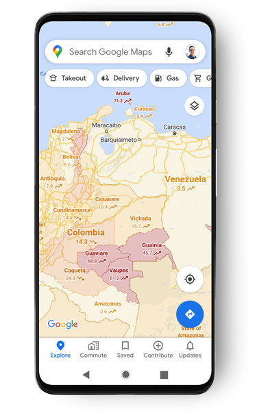 Googleマップ、レイヤが追加されて、コロナウイルス関連の情報が表示される